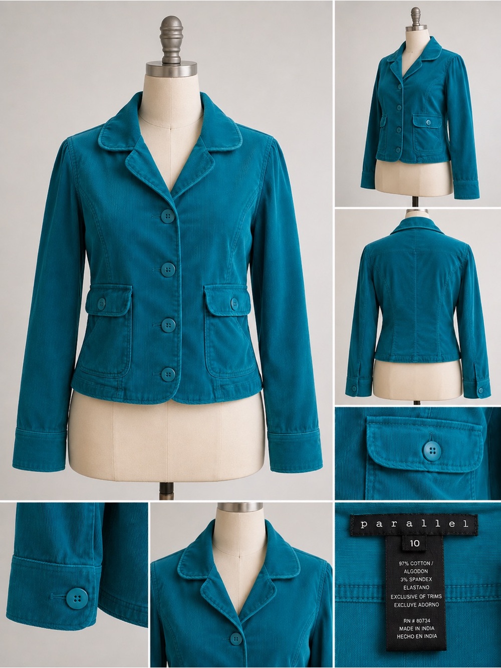Parallel Teal Green Blue Corduroy Cropped Blazer Jacket Women’s Stretch Y2K